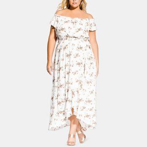 City Chic Womens Plus White Floral High-Low Off-The-Shoulder Long Maxi Dress